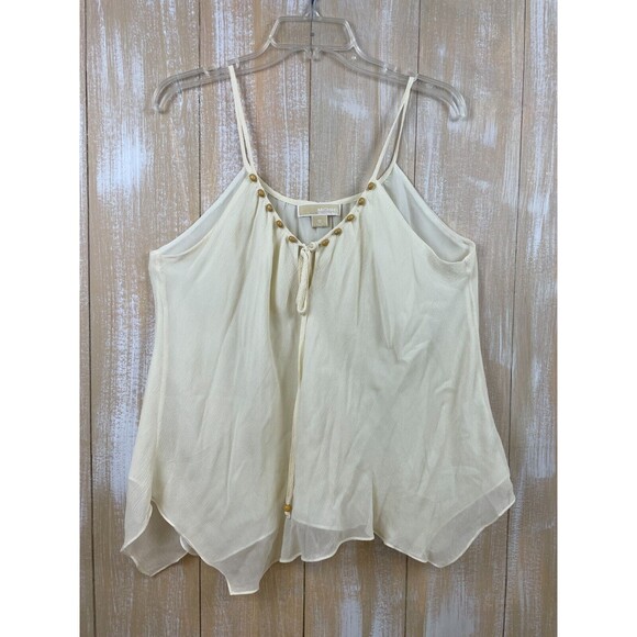 Michael Kors Ivory Crepe Silk Blend Handerkerchief Boho Cami with Beads Size 12 - Picture 2 of 11